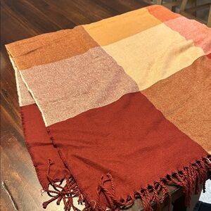 Cozy Colorblock Fringe Scarf in Rust & Ochre